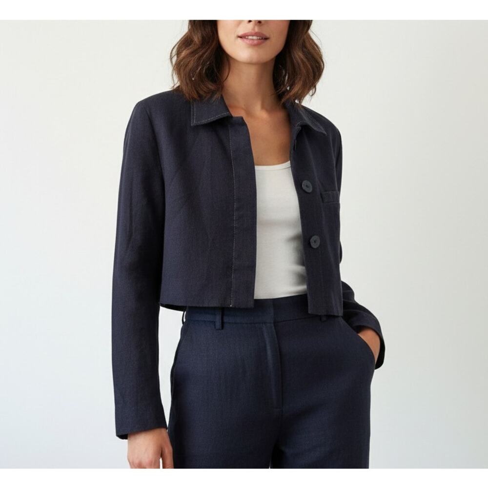 Zara Cropped Suit Jacket Coat Dark Blue Stretchy Denim Button Up Sz M